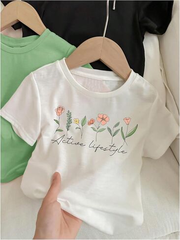 SweatyRocks Girl's 3 Pack T Shirts Floral Letter Graphic Tees Short Sleeve Crew Neck Summer Top in Saudi Arabia