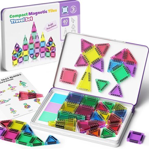Mini Magnetic Tiles Travel Set with Metal Storage Box, 60PCS Magnetic Blocks Kids Toy 3D Clear Magnetictiles Road Trip ‌Essentials Montessori Preschool Classroom Must Haves Xmars Gift for Age 3+ in Kuwait