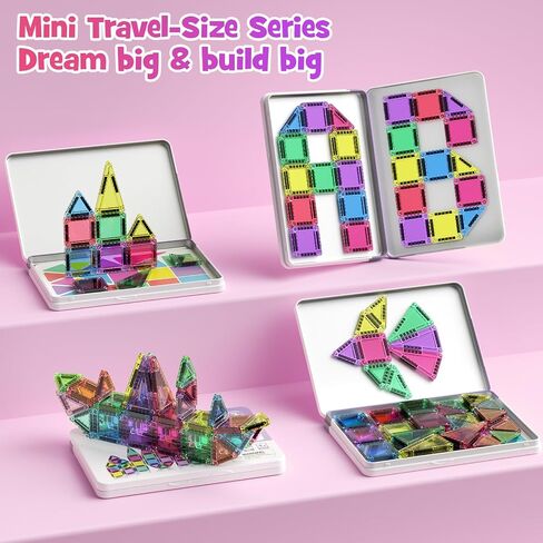 Mini Magnetic Tiles Travel Set with Metal Storage Box, 60PCS Magnetic Blocks Kids Toy 3D Clear Magnetictiles Road Trip ‌Essentials Montessori Preschool Classroom Must Haves Xmars Gift for Age 3+ in Kuwait