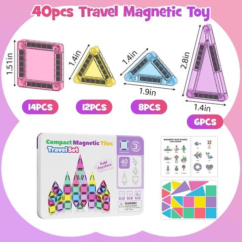 Mini Magnetic Tiles Travel Set with Metal Storage Box, 60PCS Magnetic Blocks Kids Toy 3D Clear Magnetictiles Road Trip ‌Essentials Montessori Preschool Classroom Must Haves Xmars Gift for Age 3+ in Kuwait