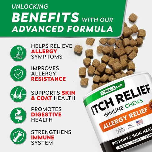StrellaLab Dog Allergy Relief & Anti Itch Support Chews w/Omega 3: Real Ingredients, Real Taste! Skin & Coat Immune Supplement w/Fish Oil, Pumpkin & Enzymes — Developed by Experts - Made in USA -120Ct in Kuwait