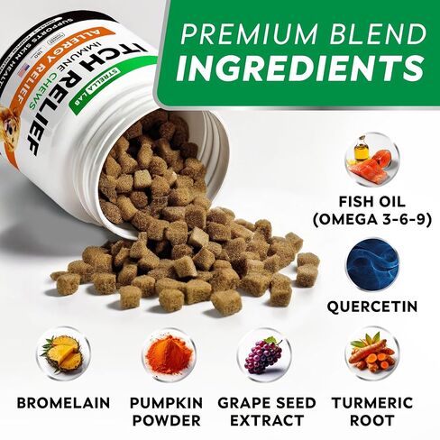 StrellaLab Dog Allergy Relief & Anti Itch Support Chews w/Omega 3: Real Ingredients, Real Taste! Skin & Coat Immune Supplement w/Fish Oil, Pumpkin & Enzymes — Developed by Experts - Made in USA -120Ct in Kuwait