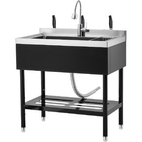 Stainless Steel Utility Sink with Faucet, Freestanding Single Bowl Commercial Sink with Adjustable Legs, Storage Shelf, S-Hooks & Hot Cold Water Pipes for Kitchen, Laundry, Garage, Farm Use in Saudi Arabia