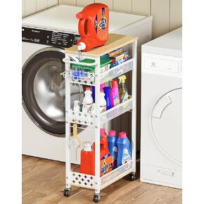 Rolling Slim Storage Cart, 4-Tier Narrow Bathroom Organizers and Storage Cart, Metal Narrow Kitchen Laundry Room Organization Shelf with Wood Top, Slim Utility Cart with Wheels for Small Space in Kuwait
