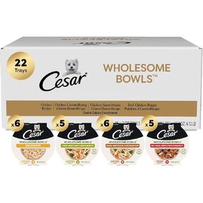 Cesar Wholding Bowls طعام الكلاب الرطبة الكبار ، الدجاج ، الجزر ، الشعير والفاصوليا الخضراء وصفة اللحم البقري ، والدجاج ، والبطاطا الأرجواني والجزر وصفة حزمة متنوعة ، 3 أوقية. (6 عدد ، حزمة 1) in Kuwait
