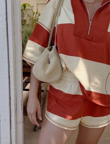 يايمون النسائية المخططين لقطعة تمرين مجموعة غير رسمية نصف zip pullover أعلى والملابس القصيرة مع جيوب in Kuwait