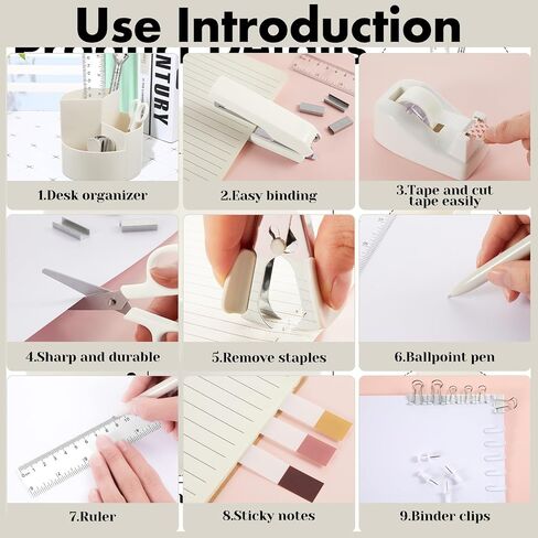 Marspark Sage Green Office Desk Accessories 12 PCS Lupplies Set Office Supplies 360 ° Rotating Pen حامل ، Stapler ، موزع الشريط ، مقص ، ملاحظات لاصقة ، مقاطع الموثق ، هدية منظمي المكتب للمدرسة المنزلية للمدرسة المنزلية in Saudi Arabia