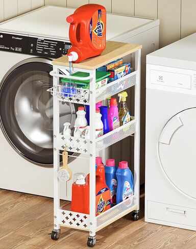 Rolling Slim Storage Cart, 4-Tier Narrow Bathroom Organizers and Storage Cart, Metal Narrow Kitchen Laundry Room Organization Shelf with Wood Top, Slim Utility Cart with Wheels for Small Space in Kuwait