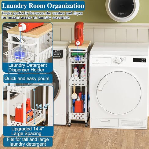 Rolling Slim Storage Cart, 4-Tier Narrow Bathroom Organizers and Storage Cart, Metal Narrow Kitchen Laundry Room Organization Shelf with Wood Top, Slim Utility Cart with Wheels for Small Space in Kuwait