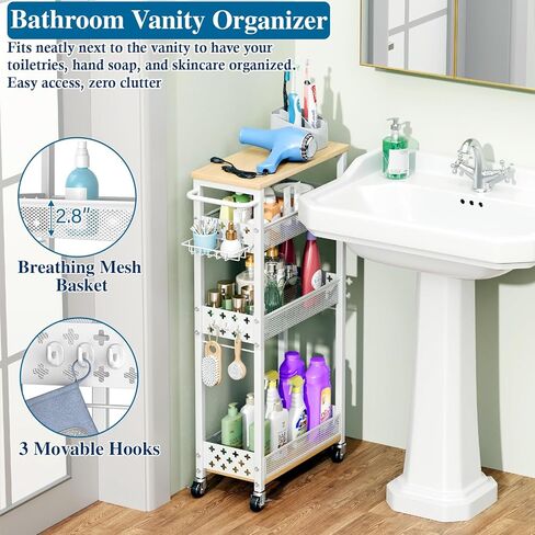 Rolling Slim Storage Cart, 4-Tier Narrow Bathroom Organizers and Storage Cart, Metal Narrow Kitchen Laundry Room Organization Shelf with Wood Top, Slim Utility Cart with Wheels for Small Space in Kuwait