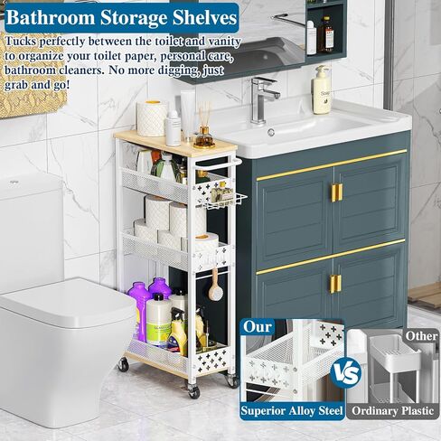 Rolling Slim Storage Cart, 4-Tier Narrow Bathroom Organizers and Storage Cart, Metal Narrow Kitchen Laundry Room Organization Shelf with Wood Top, Slim Utility Cart with Wheels for Small Space in Kuwait