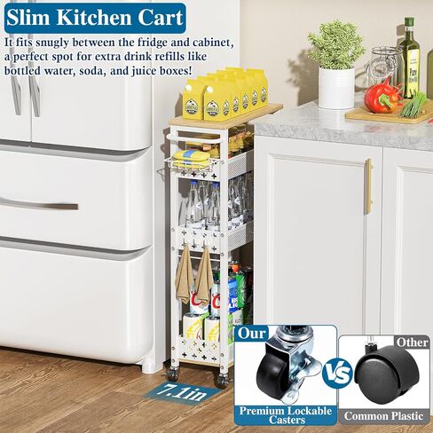 Rolling Slim Storage Cart, 4-Tier Narrow Bathroom Organizers and Storage Cart, Metal Narrow Kitchen Laundry Room Organization Shelf with Wood Top, Slim Utility Cart with Wheels for Small Space in Kuwait