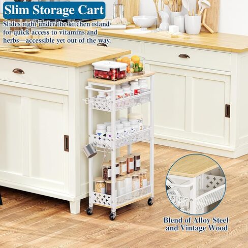 Rolling Slim Storage Cart, 4-Tier Narrow Bathroom Organizers and Storage Cart, Metal Narrow Kitchen Laundry Room Organization Shelf with Wood Top, Slim Utility Cart with Wheels for Small Space in Kuwait