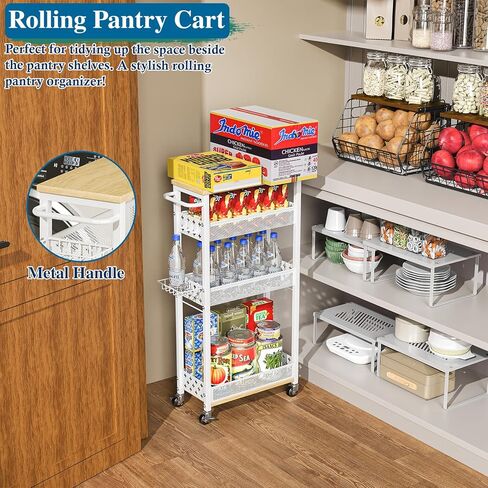 Rolling Slim Storage Cart, 4-Tier Narrow Bathroom Organizers and Storage Cart, Metal Narrow Kitchen Laundry Room Organization Shelf with Wood Top, Slim Utility Cart with Wheels for Small Space in Kuwait
