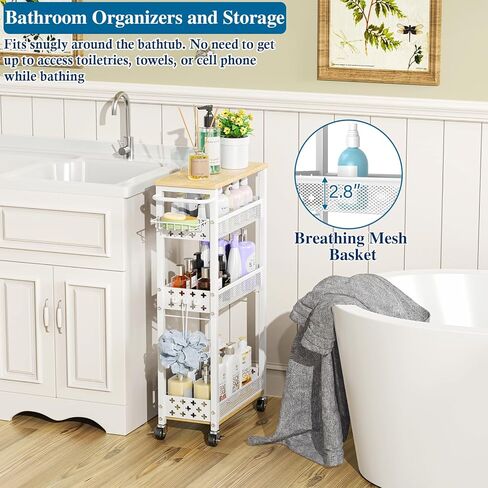 Rolling Slim Storage Cart, 4-Tier Narrow Bathroom Organizers and Storage Cart, Metal Narrow Kitchen Laundry Room Organization Shelf with Wood Top, Slim Utility Cart with Wheels for Small Space in Kuwait