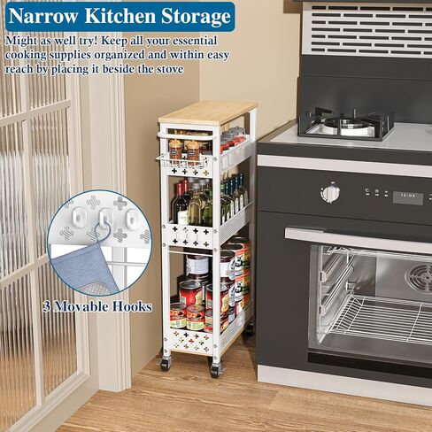 Rolling Slim Storage Cart, 4-Tier Narrow Bathroom Organizers and Storage Cart, Metal Narrow Kitchen Laundry Room Organization Shelf with Wood Top, Slim Utility Cart with Wheels for Small Space in Kuwait