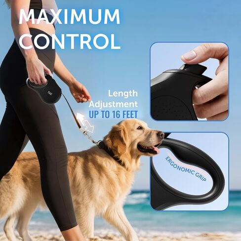 TUG Quest Retractable Dog Leash | 360° Tangle-Free Retraction | 16 ft Strong Nylon Tape (Medium, Cream) in Kuwait