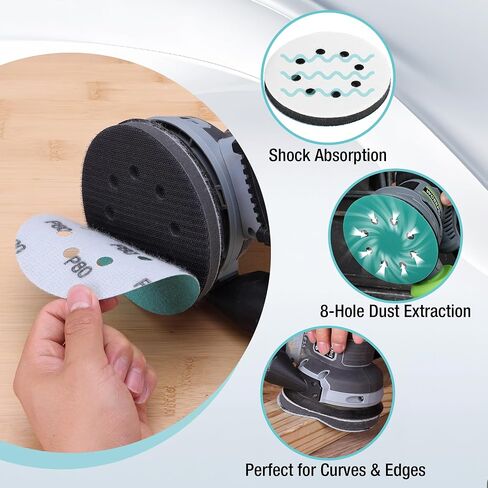WORKPRO 5 Inch Orbital Sander Interface Pads and Sanding Discs, 3 Foam Buffer Pads & 3 Grit Sandpaper (80/120/240), 8 Hole Hook and Loop Soft Cushion Sponge Backing for Sander in Saudi Arabia