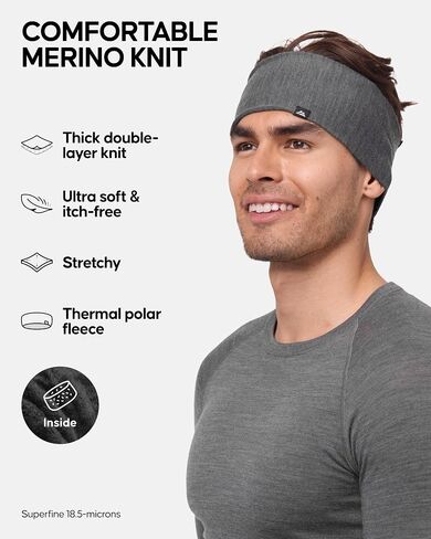 DANISH ENDURANCE Merino Wool Headband, with Thermal Inner Fleece, for Men and Women, Unisex, 1 or 2-pack, Black, M/L in Saudi Arabia