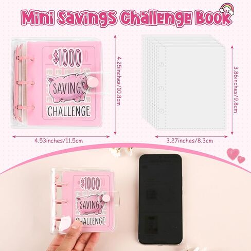 Mini Money Saving Binder with 25 Envelopes, $1000 Savings Challenge Book, Portable for Budgeting Cash Planner,School Class Prize Gift (Pink, $1000) in Kuwait