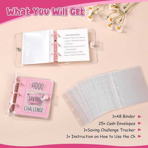 Mini Money Saving Binder with 25 Envelopes, $1000 Savings Challenge Book, Portable for Budgeting Cash Planner,School Class Prize Gift (Pink, $1000) in Kuwait