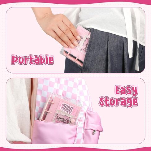 Mini Money Saving Binder with 25 Envelopes, $1000 Savings Challenge Book, Portable for Budgeting Cash Planner,School Class Prize Gift (Pink, $1000) in Kuwait