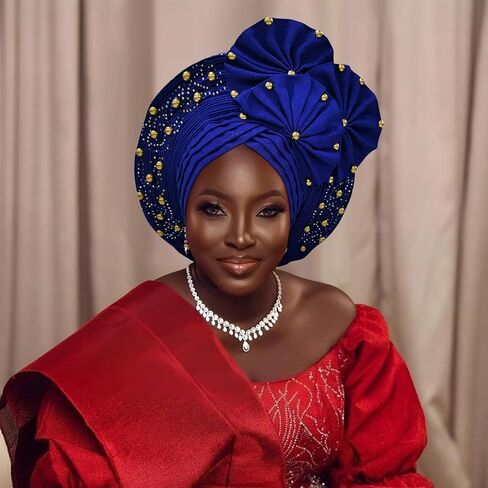 Auto Gele African Head Tie of Nigeria Aso Oke Headwraps Hat Tortban Party Wedding Handmade Handmant Wear Cap للنساء in Kuwait