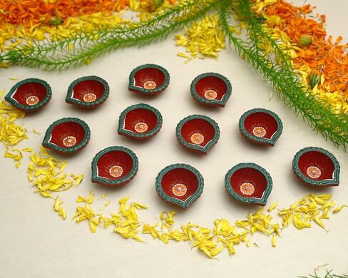 Handmade Terracoaat Set of 12 Multicolor Clay Diya for Diwali/Navratri Decorations Oil Lamp Diya Tea Light Holder Indian Decor Festival Gifts Puja Items-01DA (Multi) in Saudi Arabia