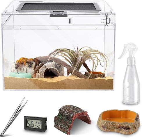Reptile Terrarium Tank for Traveling, Amphibians Enclosure Starter Kits, Top Sliding Screen Ventilation Habitat Cages, Outdoor Chameleon Lizard Carrier Box with Tweezer, Bowl for Spider, Gecko, Frog in Saudi Arabia