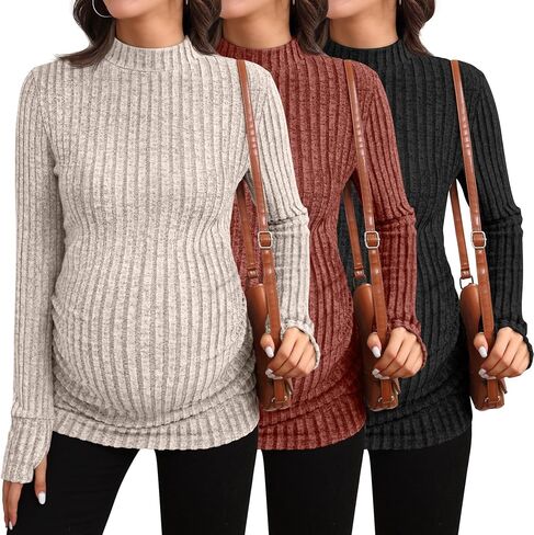 3 Pack Women's Maternity Shirts, Long Sleeve Ribbed Pregnancy Sweaters Mock Neck Side Ruched Tops with Thumb Hole in Saudi Arabia