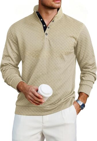 Lexiart Mens Fashion Quilted Long Sleeve Sweatshirts Thermal Stand Collar Quarter Button Up Pullover Sweatshirt in Saudi Arabia