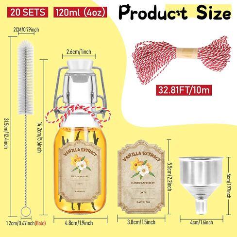 20 Pack 4 oz swing top glass bottle vanilla jars bottles with airtight stoppers amber for Kombucha Kefir Vanilla Extract beer(bonus gaskets rope brush labels and funnel) in Saudi Arabia