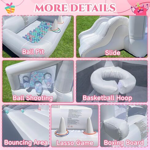 منزل ترتد أبيض ، منزل ترتد داخلي قابل للنفخ للأطفال 3-6 مع حفرة الكرة والشرائح ، قلعة نطاط في الهواء الطلق لحفل عيد ميلاد هدايا الفناء الخلفي in Kuwait