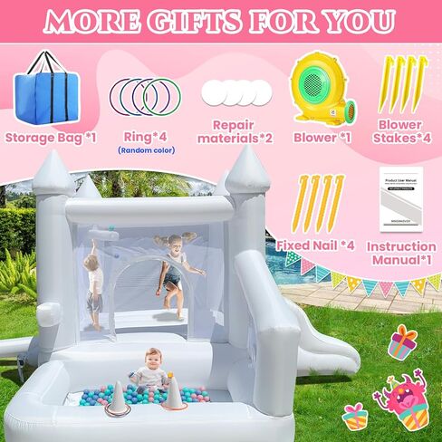 منزل ترتد أبيض ، منزل ترتد داخلي قابل للنفخ للأطفال 3-6 مع حفرة الكرة والشرائح ، قلعة نطاط في الهواء الطلق لحفل عيد ميلاد هدايا الفناء الخلفي in Kuwait