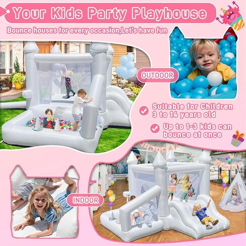 منزل ترتد أبيض ، منزل ترتد داخلي قابل للنفخ للأطفال 3-6 مع حفرة الكرة والشرائح ، قلعة نطاط في الهواء الطلق لحفل عيد ميلاد هدايا الفناء الخلفي in Kuwait