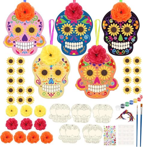 Fennoral 10 Pack Day of the Dead Craft Kits للأطفال تجعلك تملك Sugar Skull De de Los Muertos Ornament DIY تلوين الفنون والحرف الخشبية لصالح عيد الهالوين الإمدادات الزخرفية المكسيكية in Kuwait