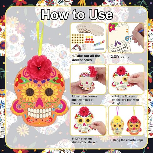 Fennoral 10 Pack Day of the Dead Craft Kits للأطفال تجعلك تملك Sugar Skull De de Los Muertos Ornament DIY تلوين الفنون والحرف الخشبية لصالح عيد الهالوين الإمدادات الزخرفية المكسيكية in Kuwait