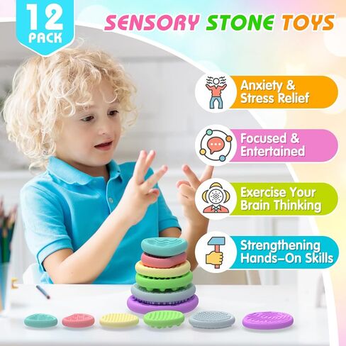 Fidget Toys for Kids Adults, 6Pcs Textured Sensory Stones for Autism ADHD Kids Calming，Silicone Worry Stones for Classroom Prizes Sensory Toys - Quiet Fidgets Toy for Students Anxiety Relief in Kuwait