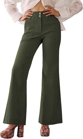miduo Womens Solid Stretchy Buttons Wide Leg Straight Leg Long Flare Pants Trousers with Pockets in Saudi Arabia