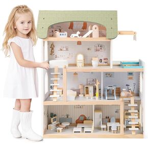Costzon Wooden Dollhouse for Kids, 3-Story Luxury Doll House with 41 Pieces Furniture Accessories, 8 Rooms, Stairs & Balcony, DIY Pretend Dollhouse Playset, Gift for Girls Toddlers Ages 3+ (Pink) in Saudi Arabia