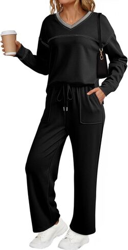 Dokotoo Women's 2 Piece Lounge Set Casual V Neck Sweatshirt Fashion Travel Wide Leg Tracksuit Sweatsuits Outfits in Saudi Arabia
