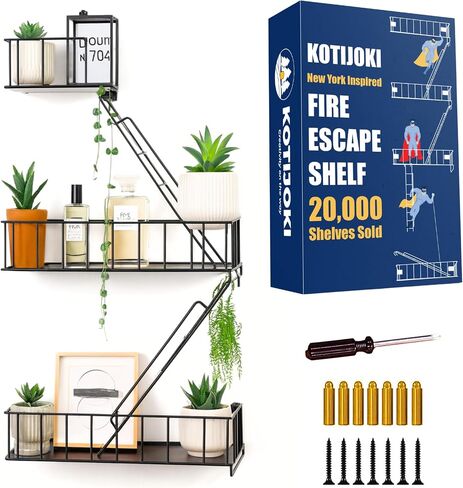 Fire Escape Wall Shelf - رف زخرفي معدني في نيويورك مع مفك البراغي ومسامير ، أرفف جدران ريفية لغرفة النوم ، الديكور المنزلي ، عرض الشكل (أرفف عائمة أسود 3 مستويات) in Saudi Arabia