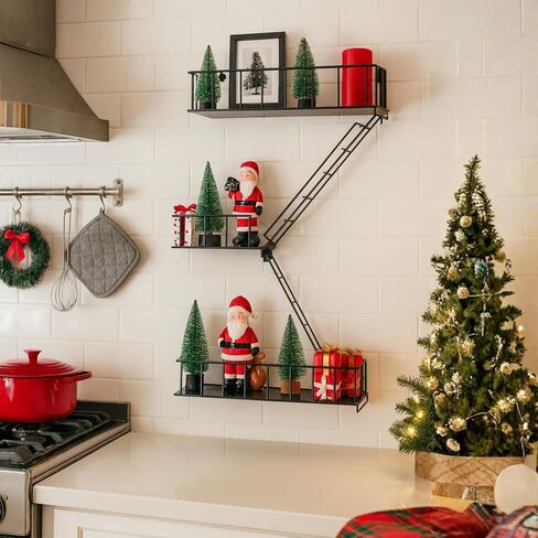 Fire Escape Wall Shelf - رف زخرفي معدني في نيويورك مع مفك البراغي ومسامير ، أرفف جدران ريفية لغرفة النوم ، الديكور المنزلي ، عرض الشكل (أرفف عائمة أسود 3 مستويات) in Saudi Arabia