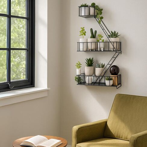 Fire Escape Wall Shelf - رف زخرفي معدني في نيويورك مع مفك البراغي ومسامير ، أرفف جدران ريفية لغرفة النوم ، الديكور المنزلي ، عرض الشكل (أرفف عائمة أسود 3 مستويات) in Saudi Arabia
