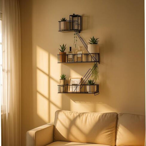 Fire Escape Wall Shelf - رف زخرفي معدني في نيويورك مع مفك البراغي ومسامير ، أرفف جدران ريفية لغرفة النوم ، الديكور المنزلي ، عرض الشكل (أرفف عائمة أسود 3 مستويات) in Saudi Arabia