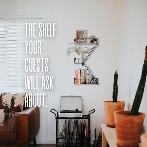 Fire Escape Wall Shelf - رف زخرفي معدني في نيويورك مع مفك البراغي ومسامير ، أرفف جدران ريفية لغرفة النوم ، الديكور المنزلي ، عرض الشكل (أرفف عائمة أسود 3 مستويات) in Saudi Arabia