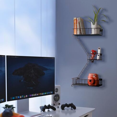 Fire Escape Wall Shelf - رف زخرفي معدني في نيويورك مع مفك البراغي ومسامير ، أرفف جدران ريفية لغرفة النوم ، الديكور المنزلي ، عرض الشكل (أرفف عائمة أسود 3 مستويات) in Saudi Arabia
