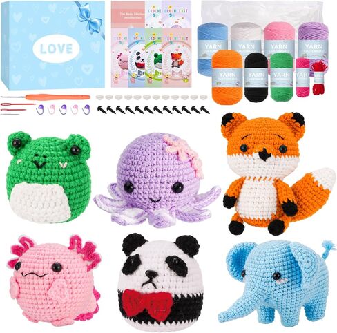 Crochet Kit for Beginners, Make 3 Amigurumi Crochet Animals with Step-by-Step Video Tutorials, Complete Starter Kit for Adults, Kids and Teens, Perfect DIY Craft Gift to Learn Crocheting in Kuwait
