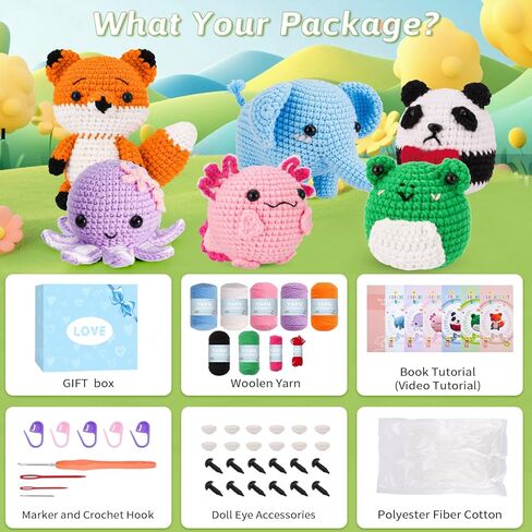 Crochet Kit for Beginners, Make 3 Amigurumi Crochet Animals with Step-by-Step Video Tutorials, Complete Starter Kit for Adults, Kids and Teens, Perfect DIY Craft Gift to Learn Crocheting in Kuwait