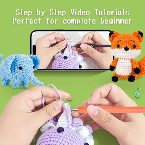 Crochet Kit for Beginners, Make 3 Amigurumi Crochet Animals with Step-by-Step Video Tutorials, Complete Starter Kit for Adults, Kids and Teens, Perfect DIY Craft Gift to Learn Crocheting in Kuwait